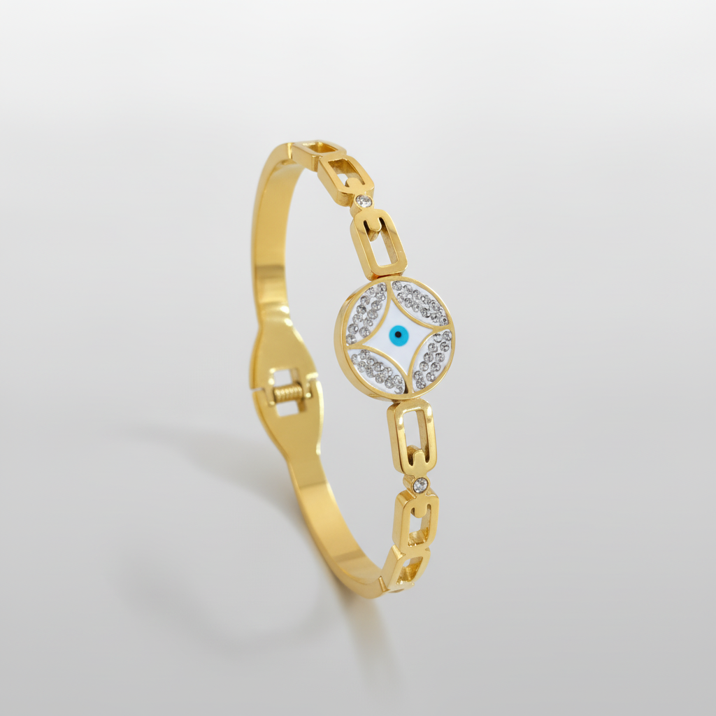 Gold Evil Eye Bangle Bracelet with Crystal Accents