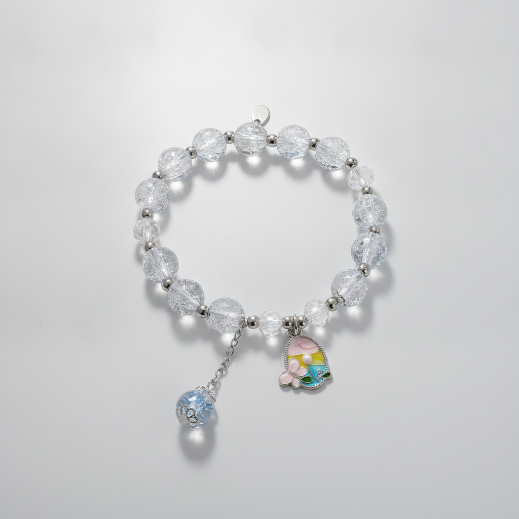 Crystal Bead Stretch Bracelet with Floral Enamel Charm