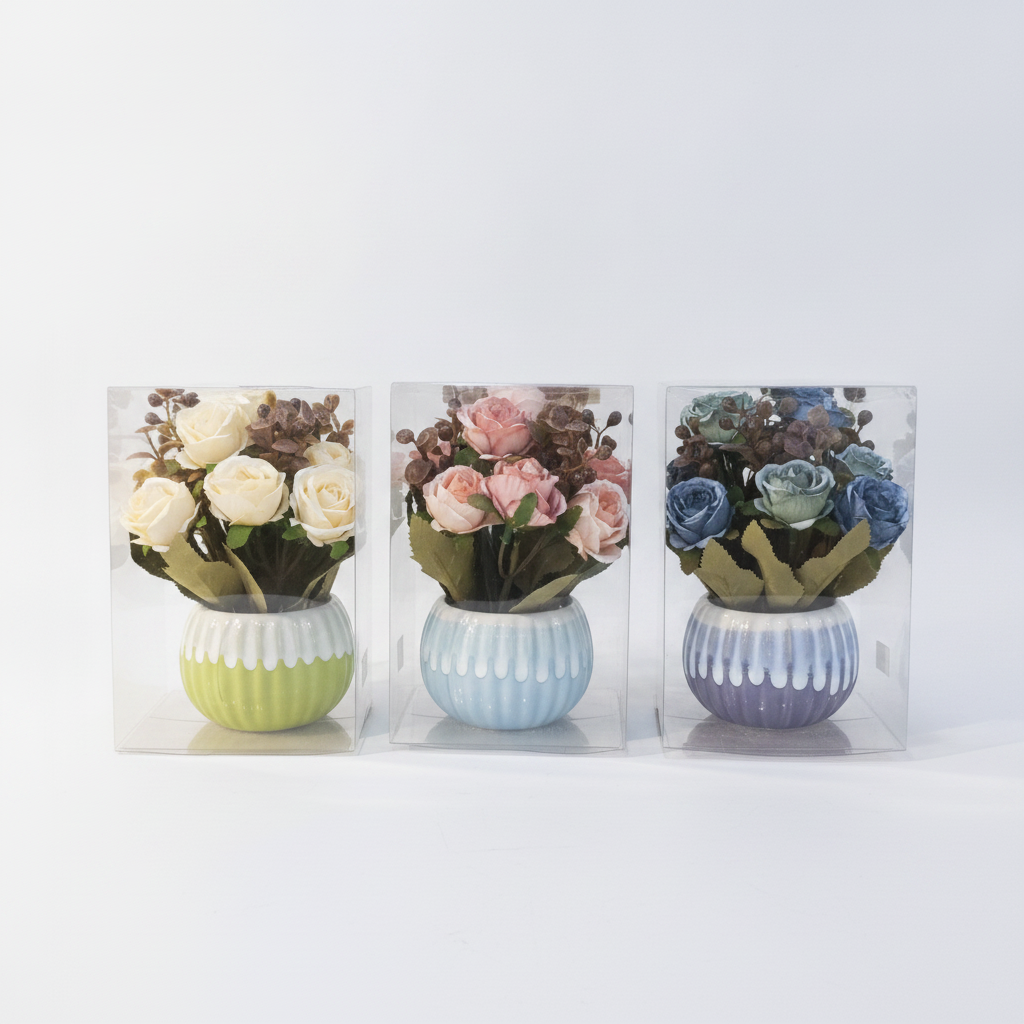 Mini Ceramic Artificial Rose Bouquet in Gift Box – Set of 3