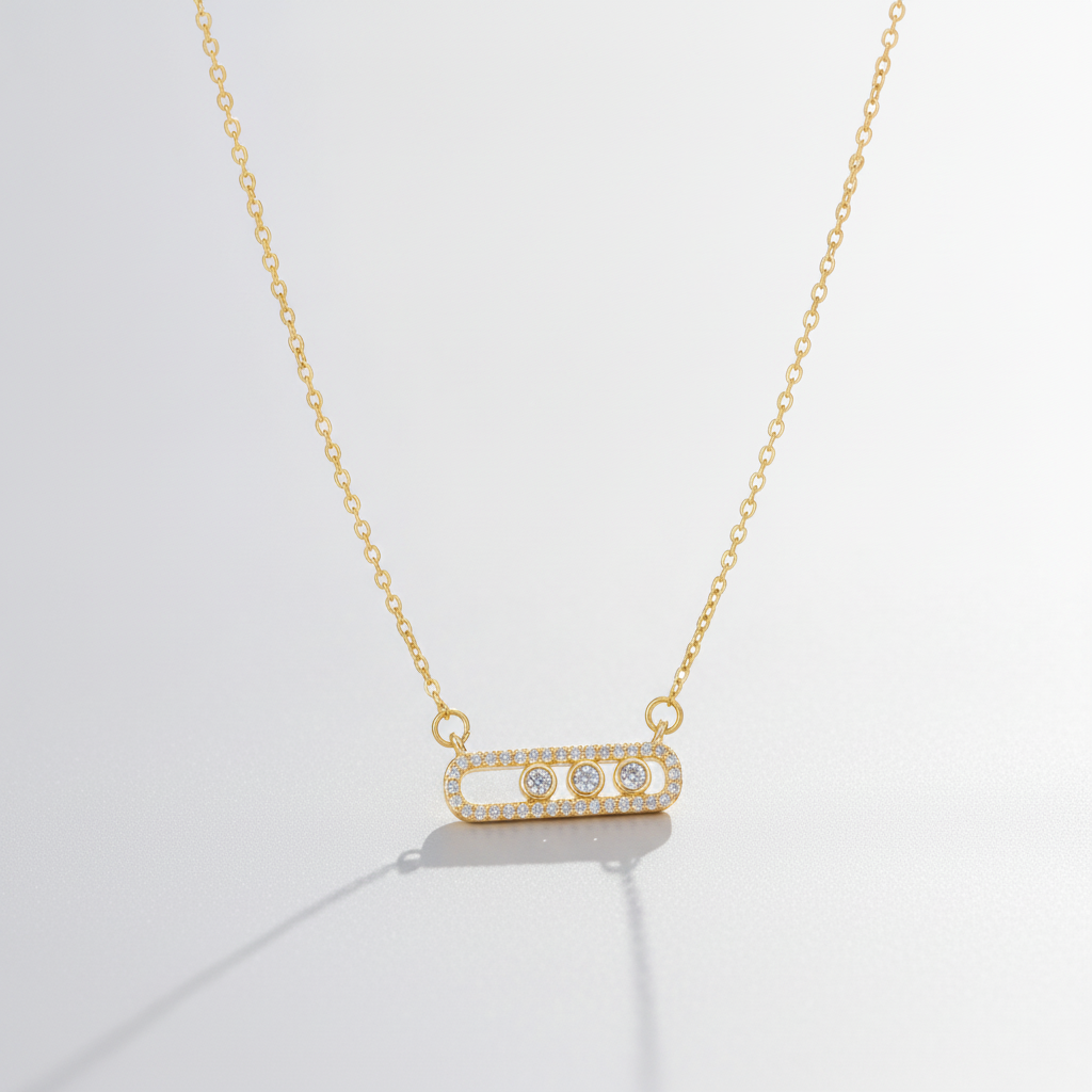 Gold Pavé Bar Pendant Necklace with Sliding Diamonds