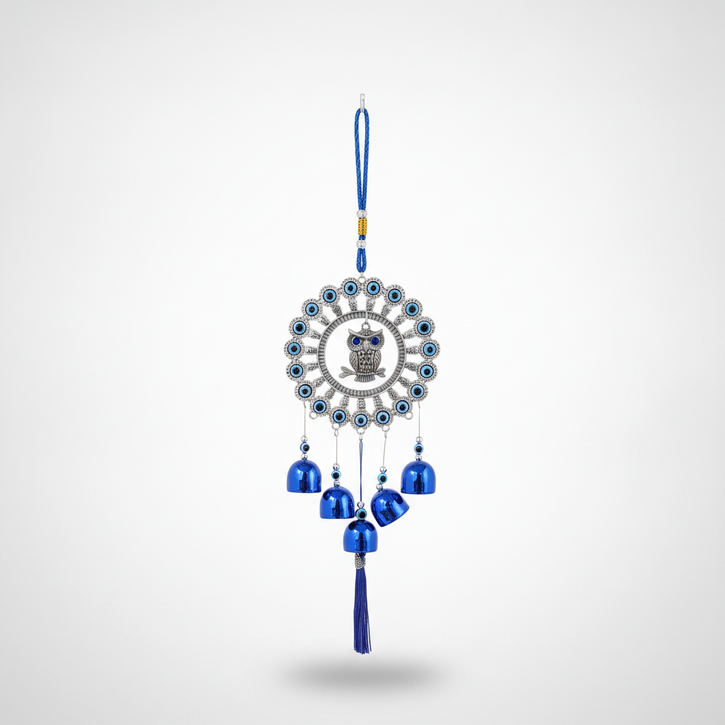 Evil Eye Owl Wind Chime Wall Hanging with Blue Bells