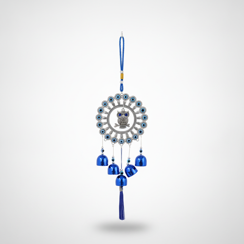 Evil Eye Owl Wind Chime Wall Hanging with Blue Bells