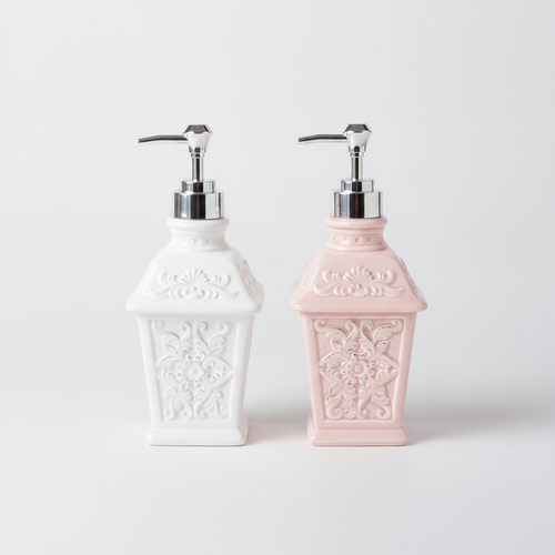 Elegant Ceramic Soap Dispenser with Silver Pump – Floral Relief