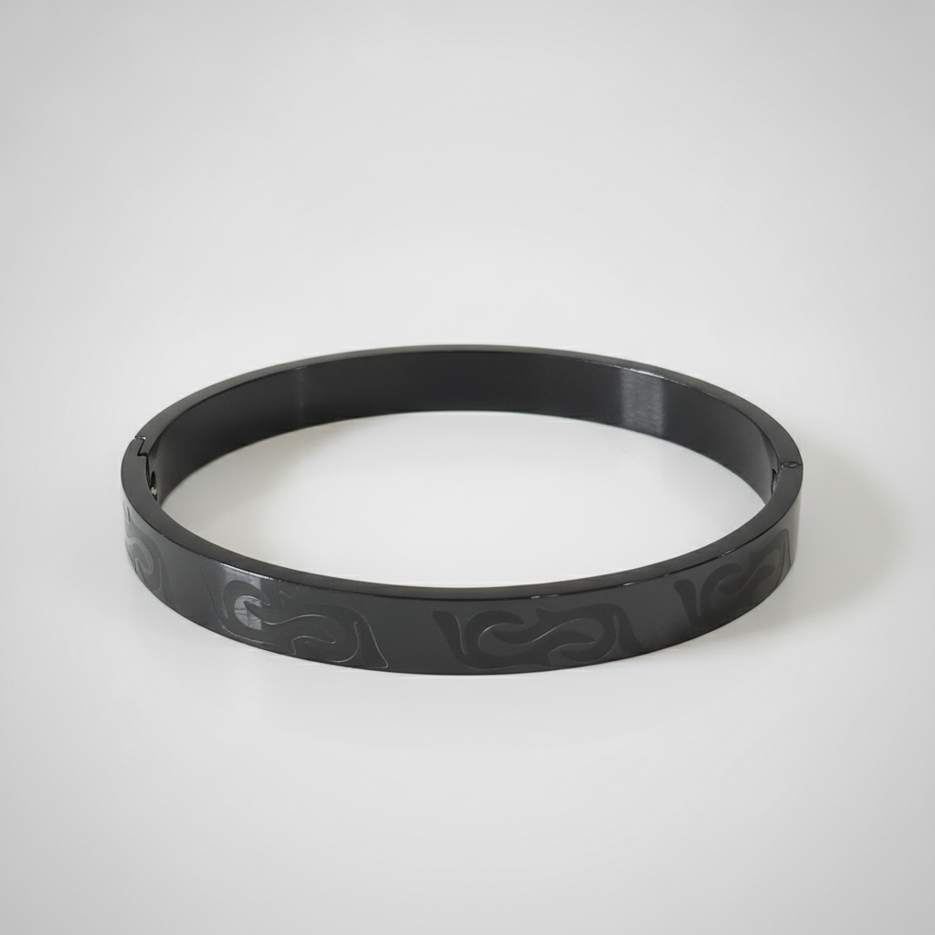 Men's Black Stainless Steel Bangle Bracelet with Engraved Design