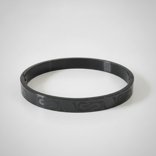 Men's Black Stainless Steel Bangle Bracelet with Engraved Design