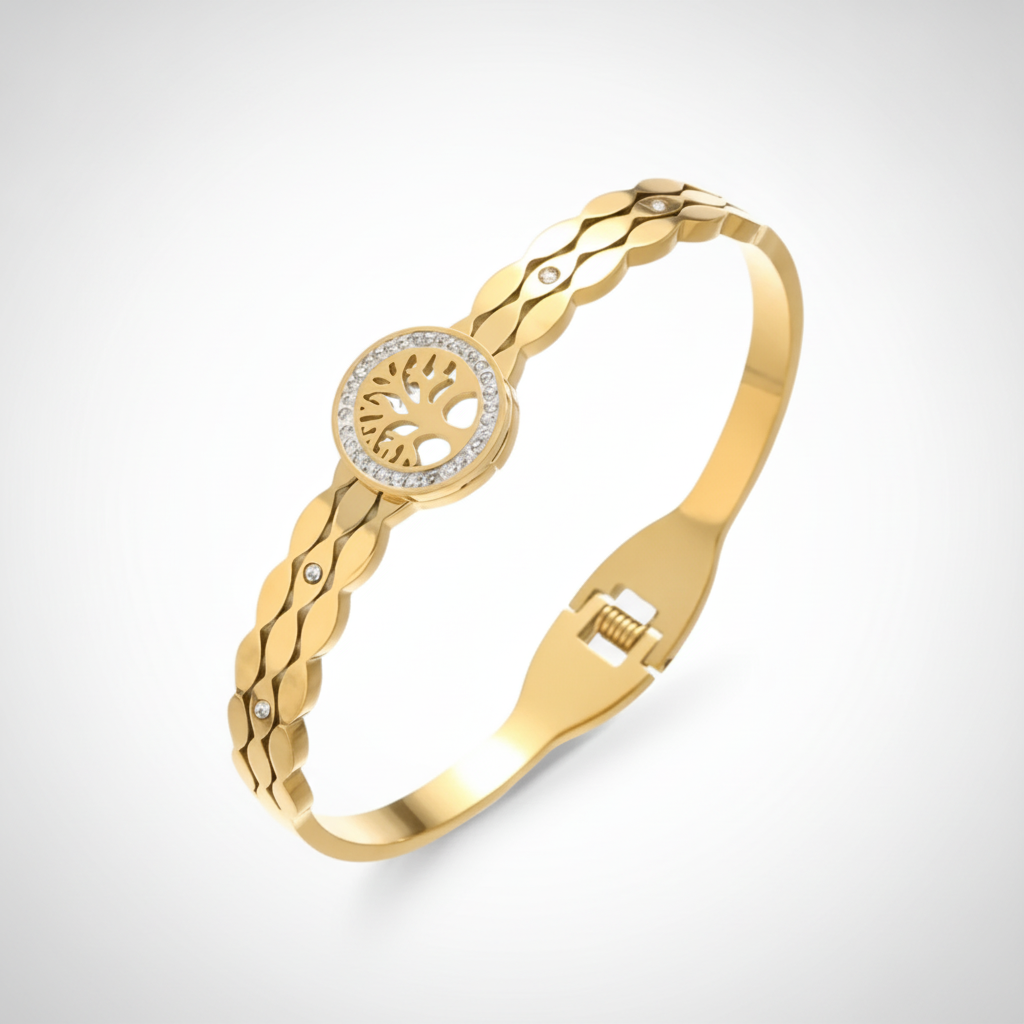 Gold Tree of Life Bangle Bracelet with Crystal Halo
