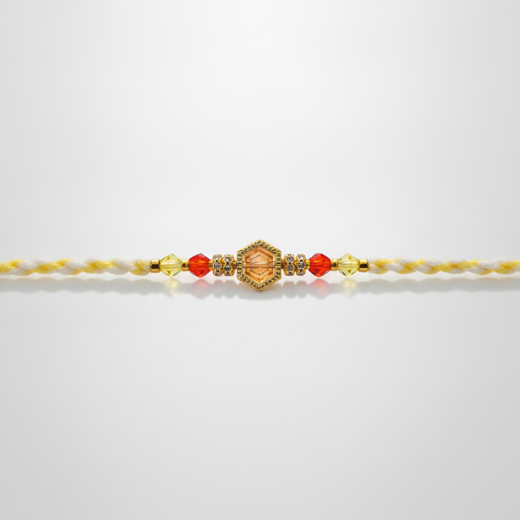 Elegant Beaded Rakhi with Gold Hexagon Charm