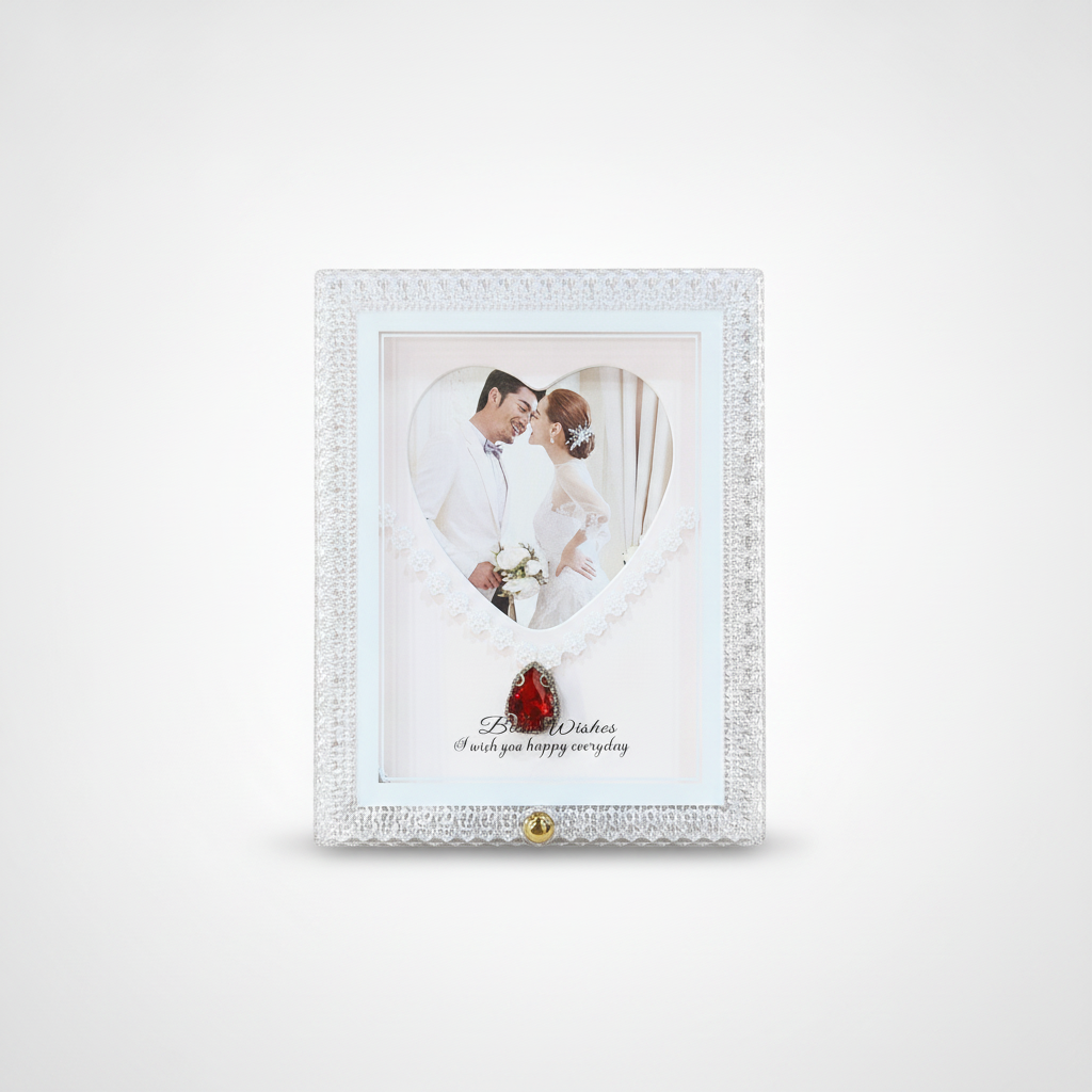 LED Heart-Cut Crystal Wedding Photo Frame with Gem Accent