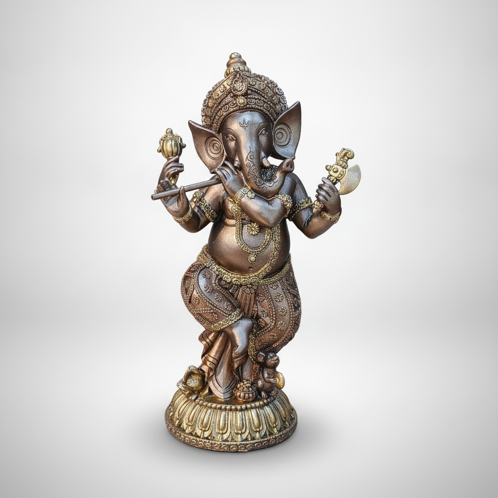 Dancing Ganesha Flute Idol – Bronze & Gold Finish Statue