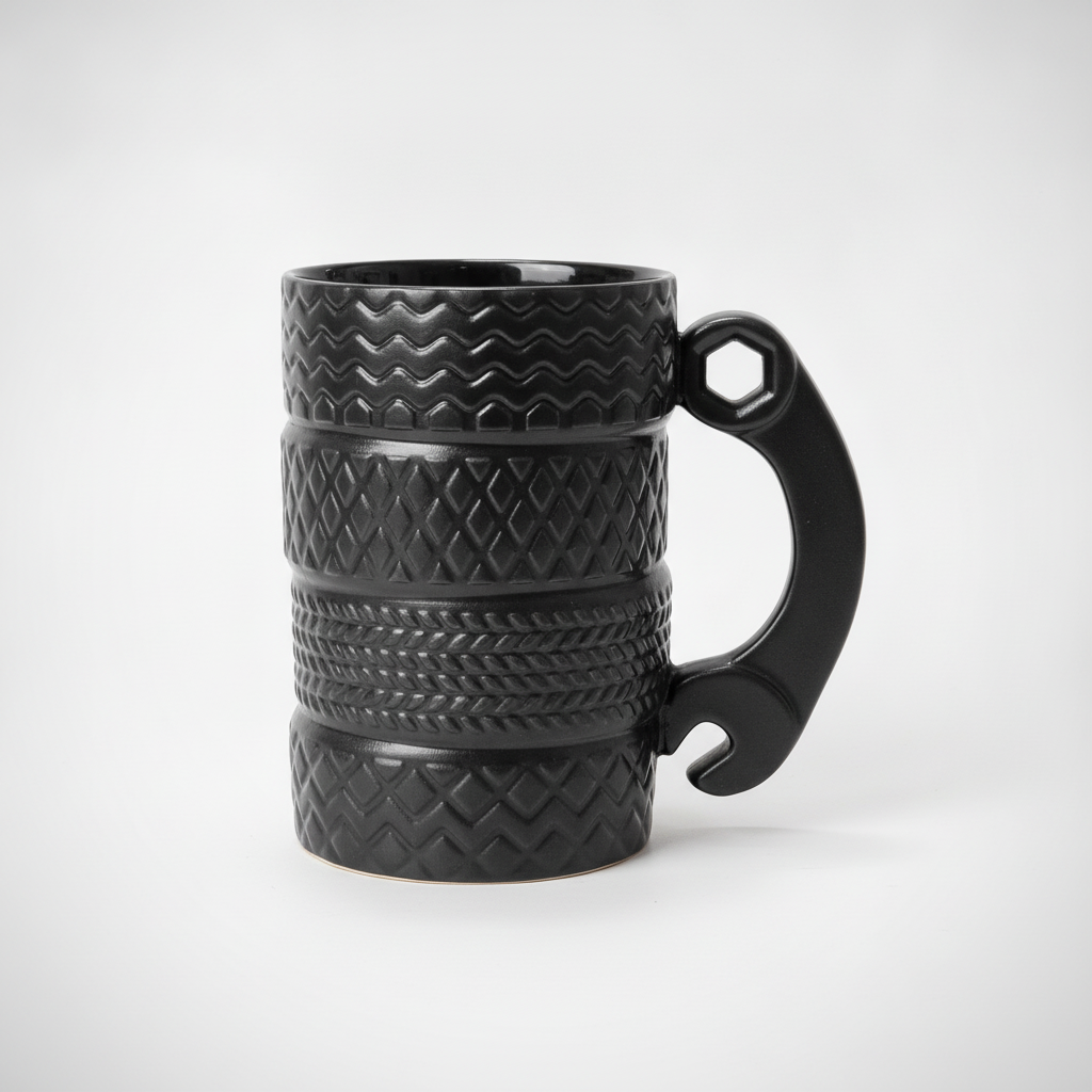 Black Textured Ceramic Mug with Wrench-Style Handle