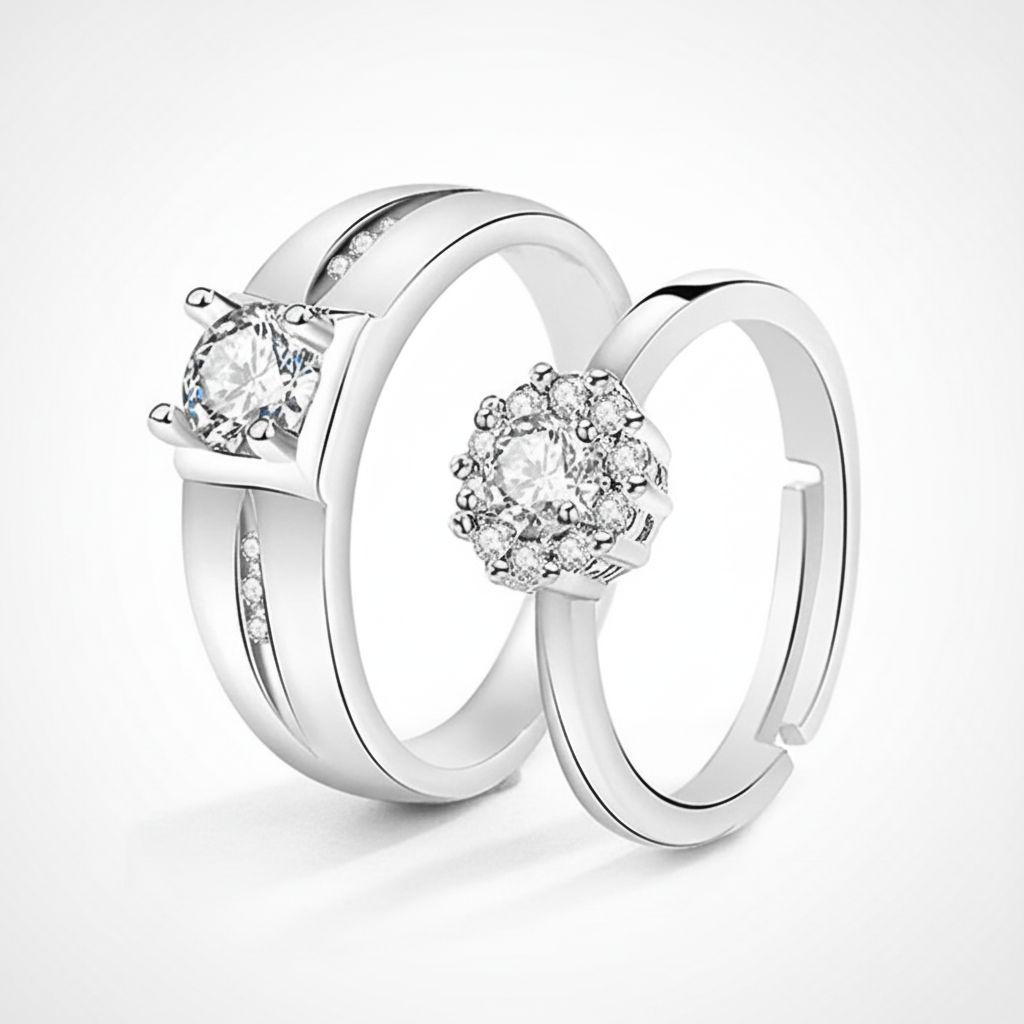 Silver Crystal Couple Rings Set – Elegant Matching Pair