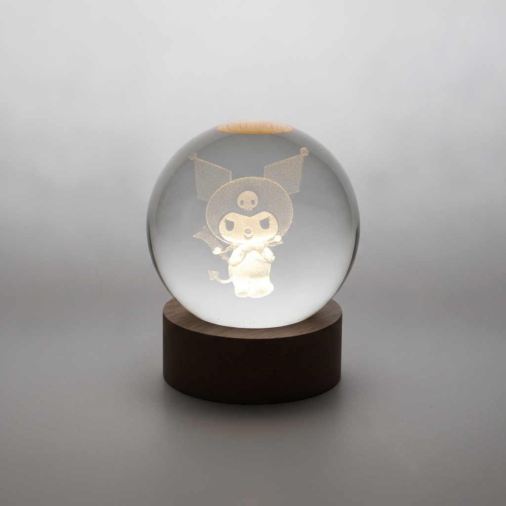 Kuromi 3D Crystal Ball LED Night Light with Wood Base