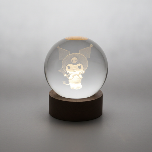 Kuromi 3D Crystal Ball LED Night Light with Wood Base