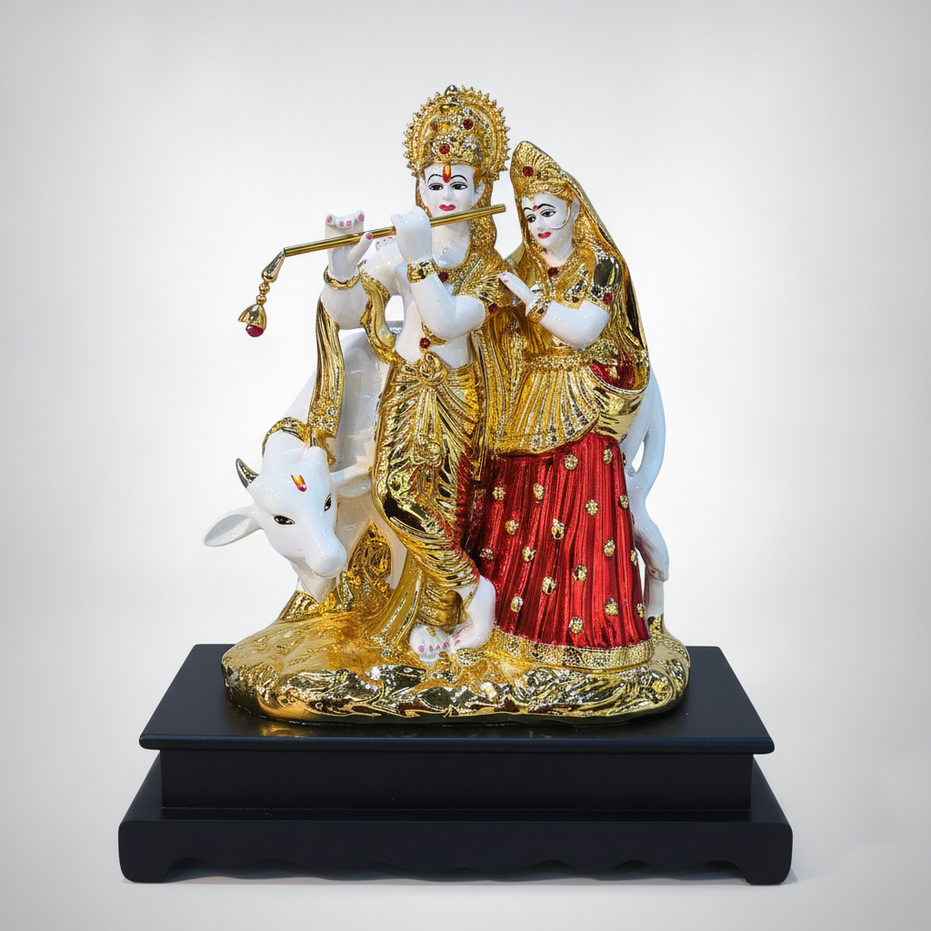 Radha Krishna with Cow Gold & White Resin Statue