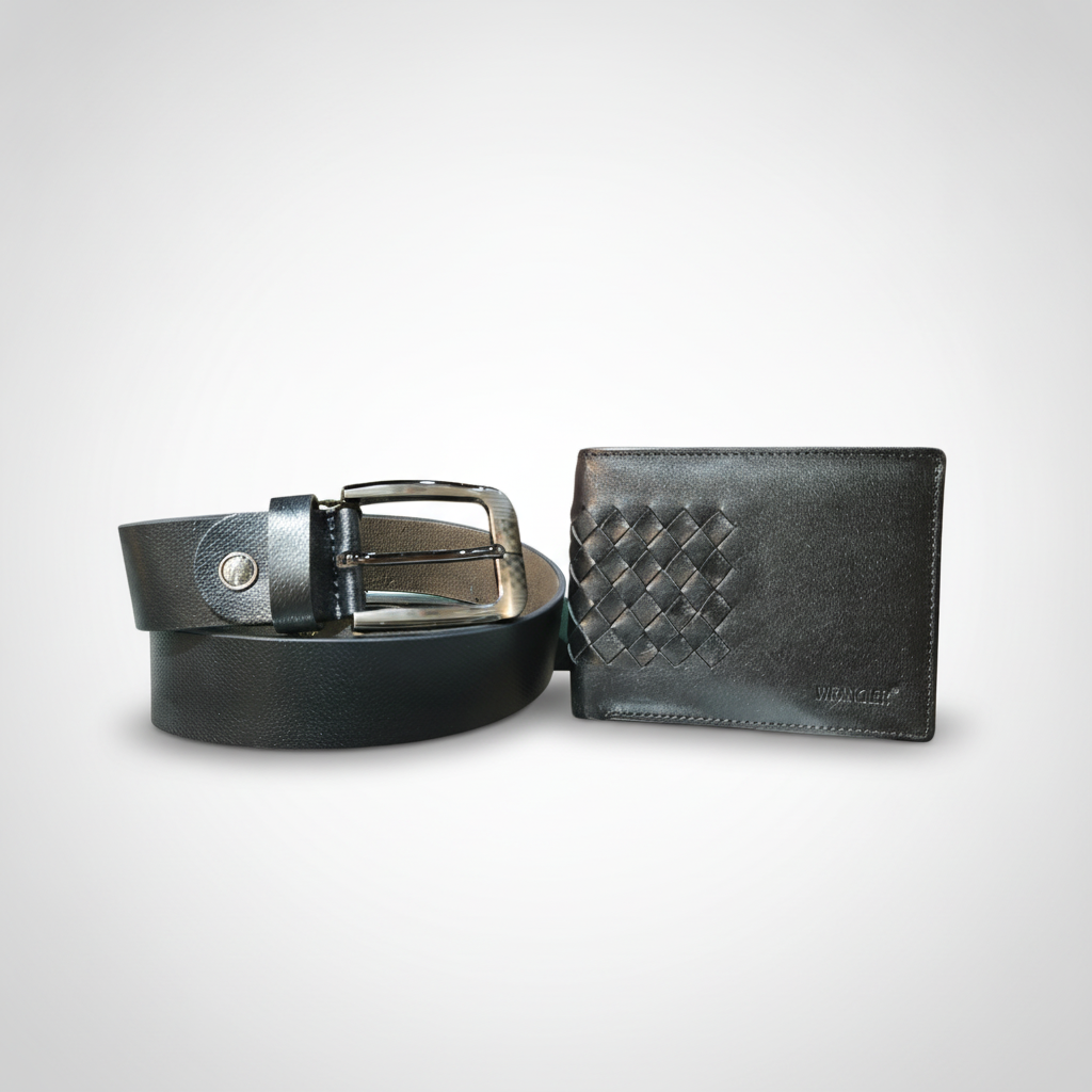 Wrangler Men's Leather Wallet & Belt Combo Set – Black