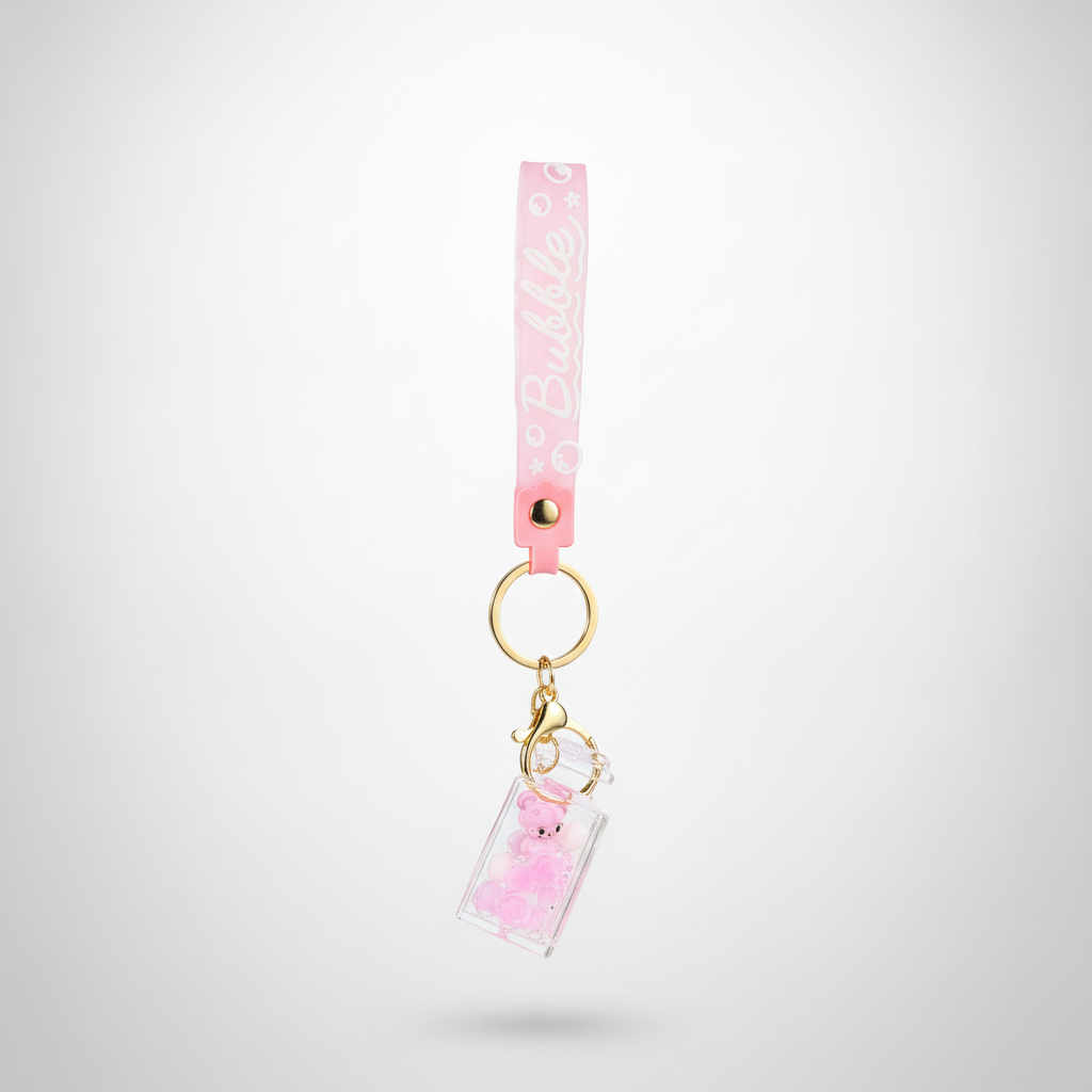 Cute Pink Bubble Bear Keychain with Acrylic Charm Pendant
