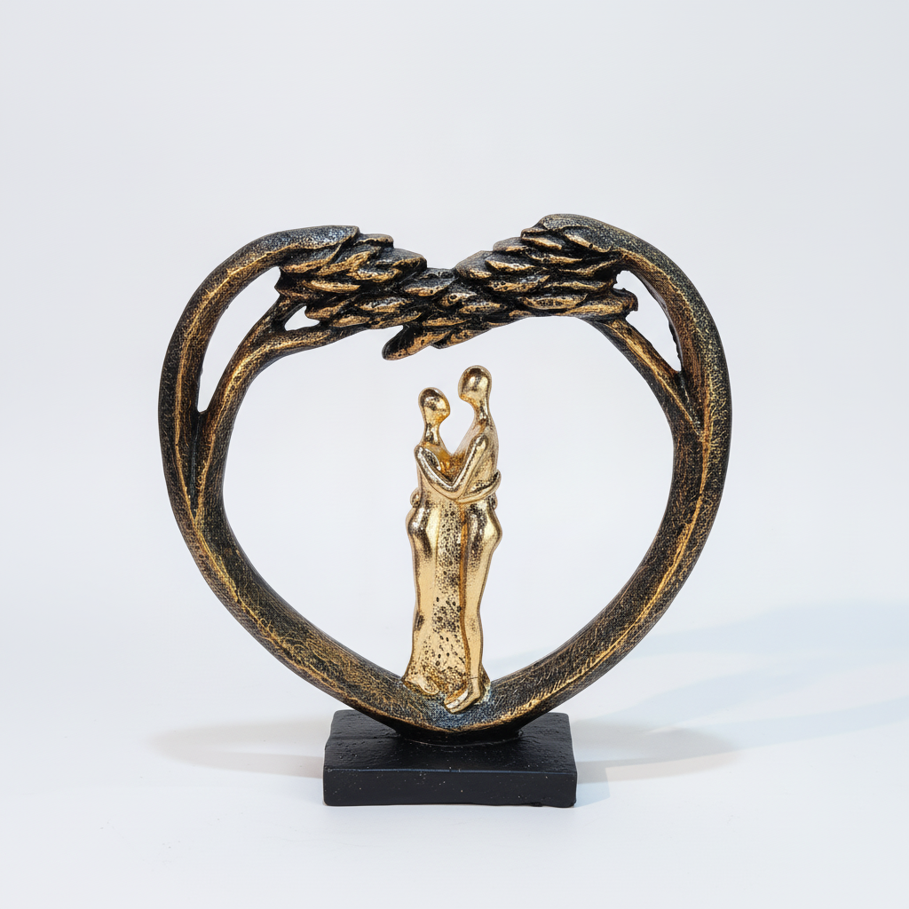 Golden Couple Heart Sculpture – Angel Wings Love Figurine