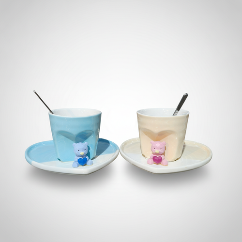 Teddy Bear Heart Ceramic Mug & Saucer Set with Spoon
