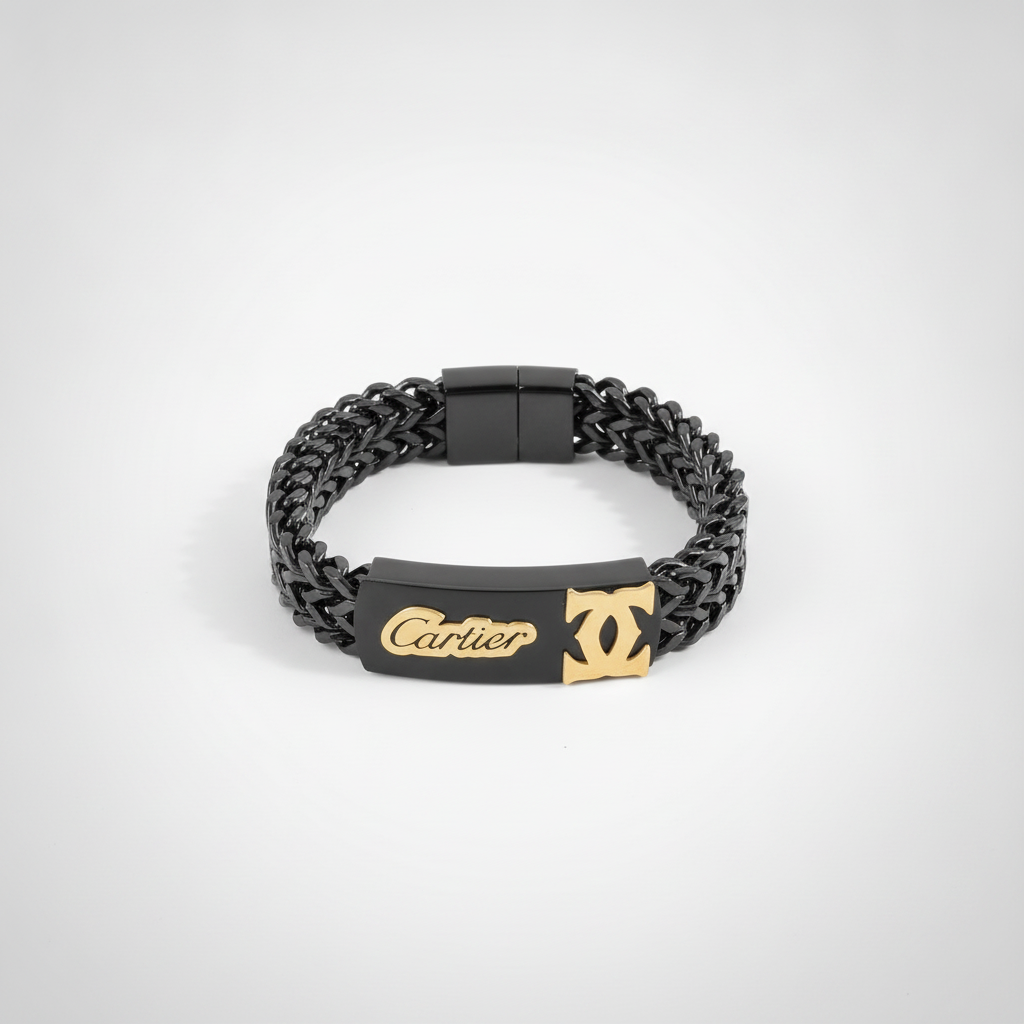Black Chain Bracelet with Gold Luxury Logo Plate