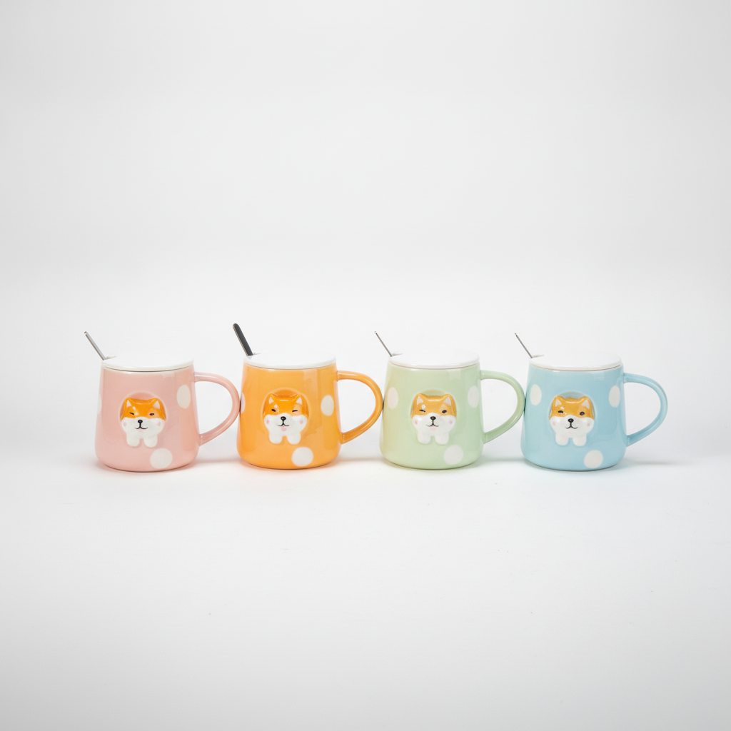 Shiba Inu Ceramic Mug with Lid & Spoon – Pastel Polka Dot