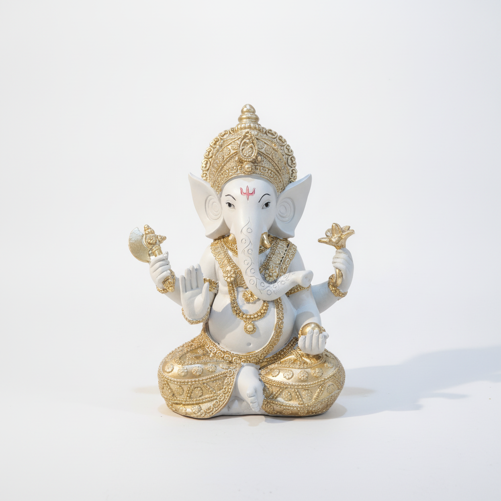 White & Gold Lord Ganesha Idol – Decorative Resin Statue