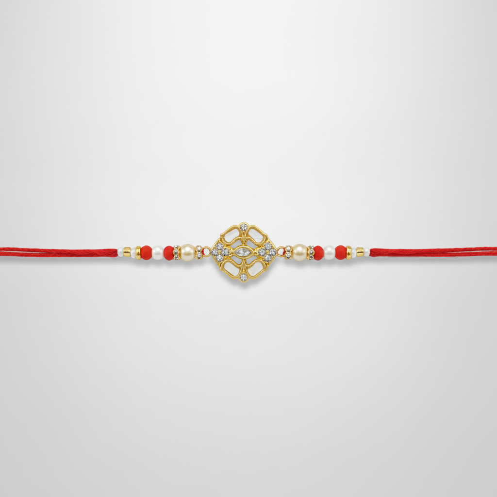 Kundan Rakhi with Red Thread & Pearl Beads
