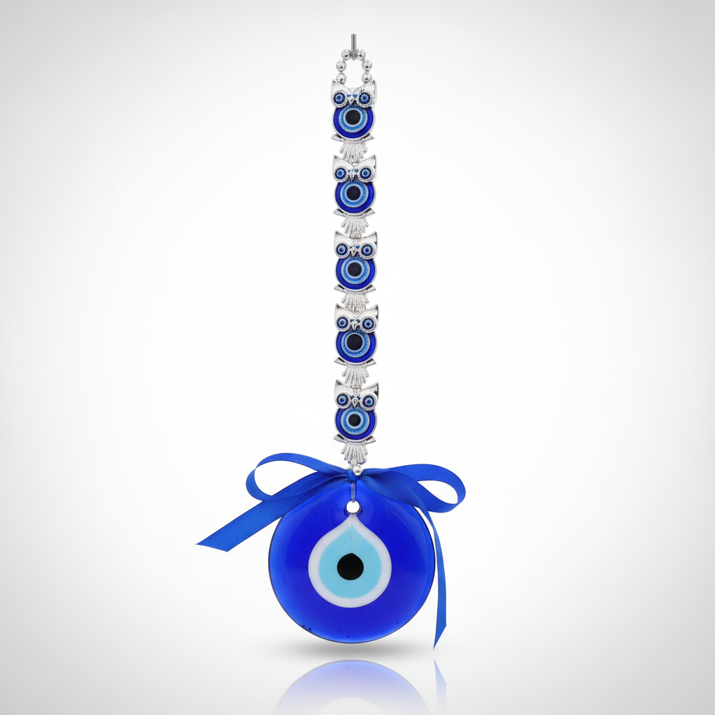 Turkish Evil Eye Wall Hanging with Owl Chain & Blue Ribbon