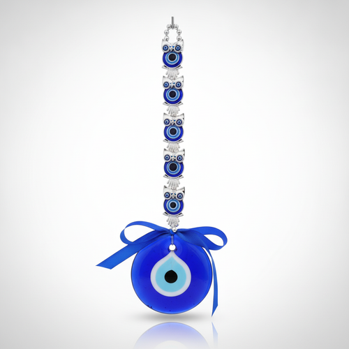 Turkish Evil Eye Wall Hanging with Owl Chain & Blue Ribbon
