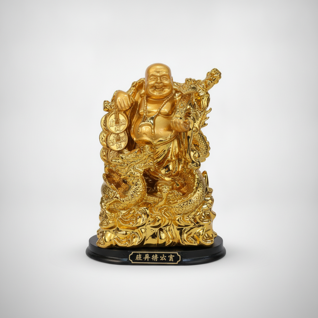Gold Laughing Buddha Dragon Throne Feng Shui Figurine