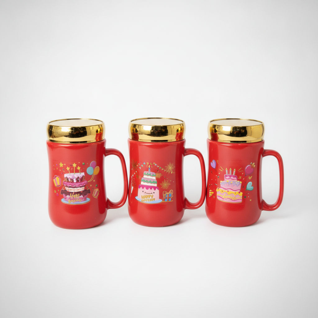 Happy Birthday Ceramic Mug with Gold Rim – Red