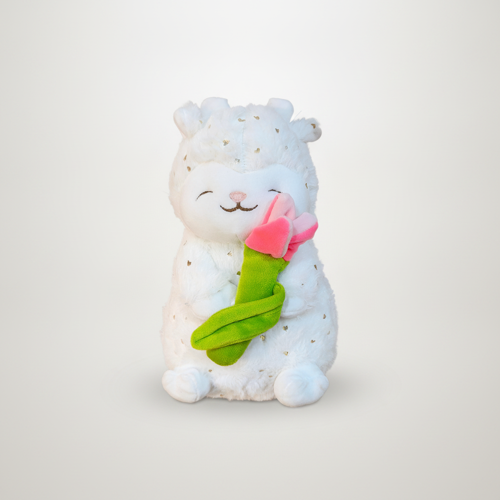 White Llama Plush Toy Holding a Pink Rose | Gold Heart Accents