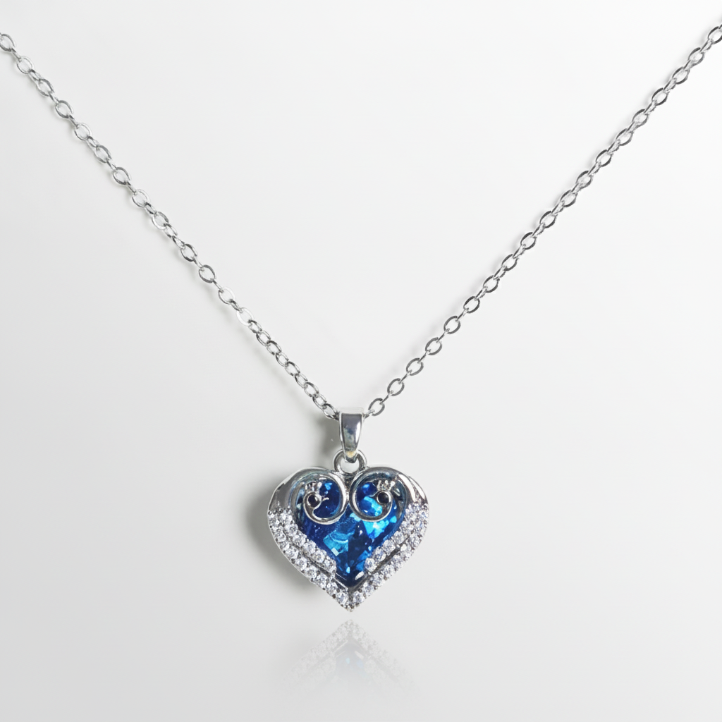 Blue Crystal Heart Pendant Necklace – Silver Tone