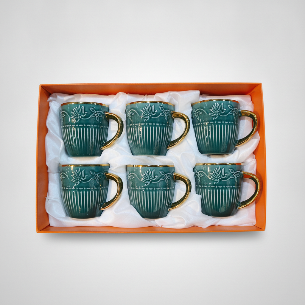 Teal & Gold Embossed Ceramic Mug Set of 6