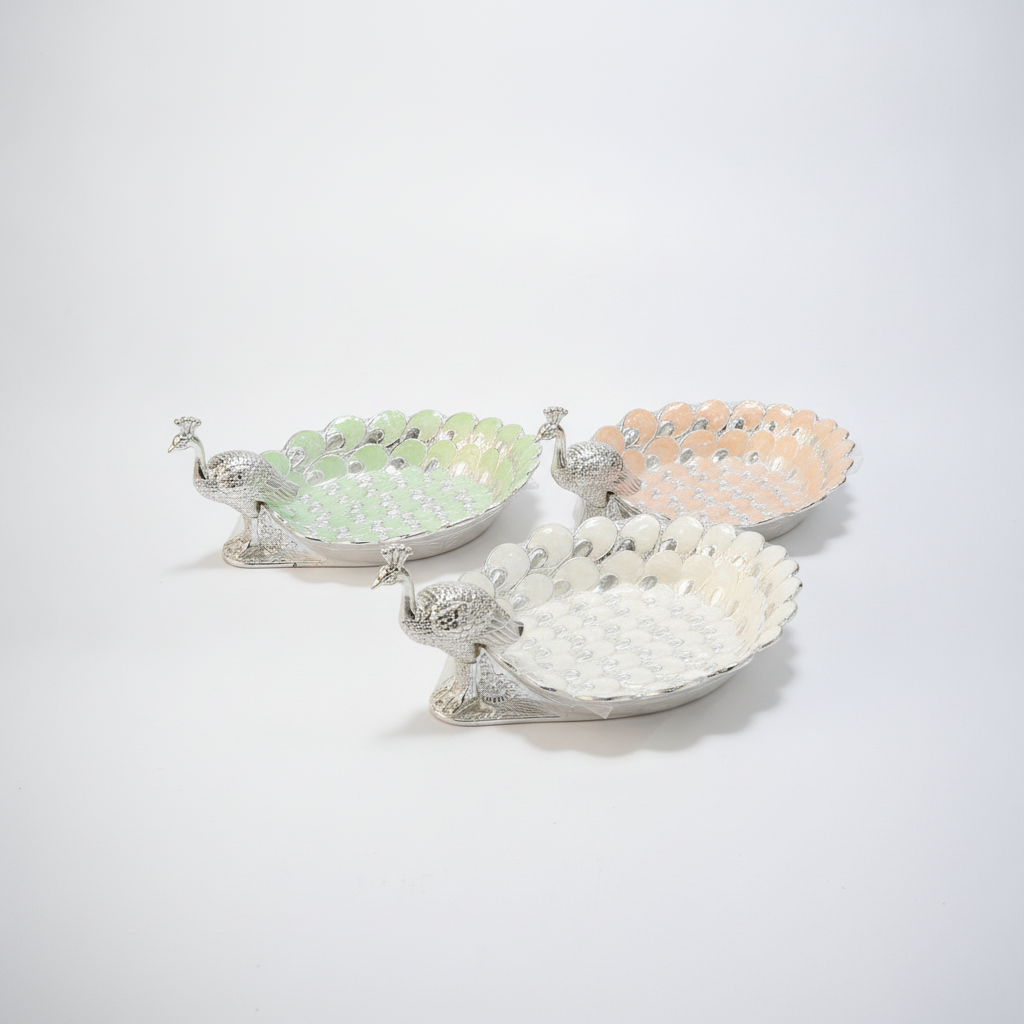 Peacock Decorative Serving Tray – Silver & Enamel