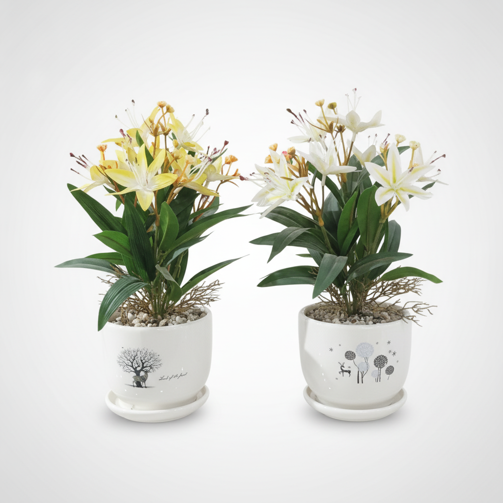 Artificial Lily Arrangement in Decorative Ceramic Pot