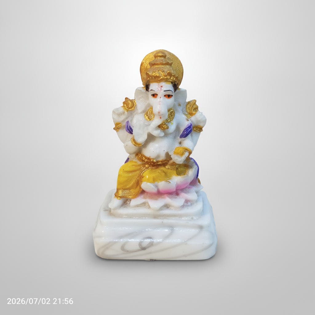 Lord Ganesha Car Dashboard Idol – White & Gold Figurine