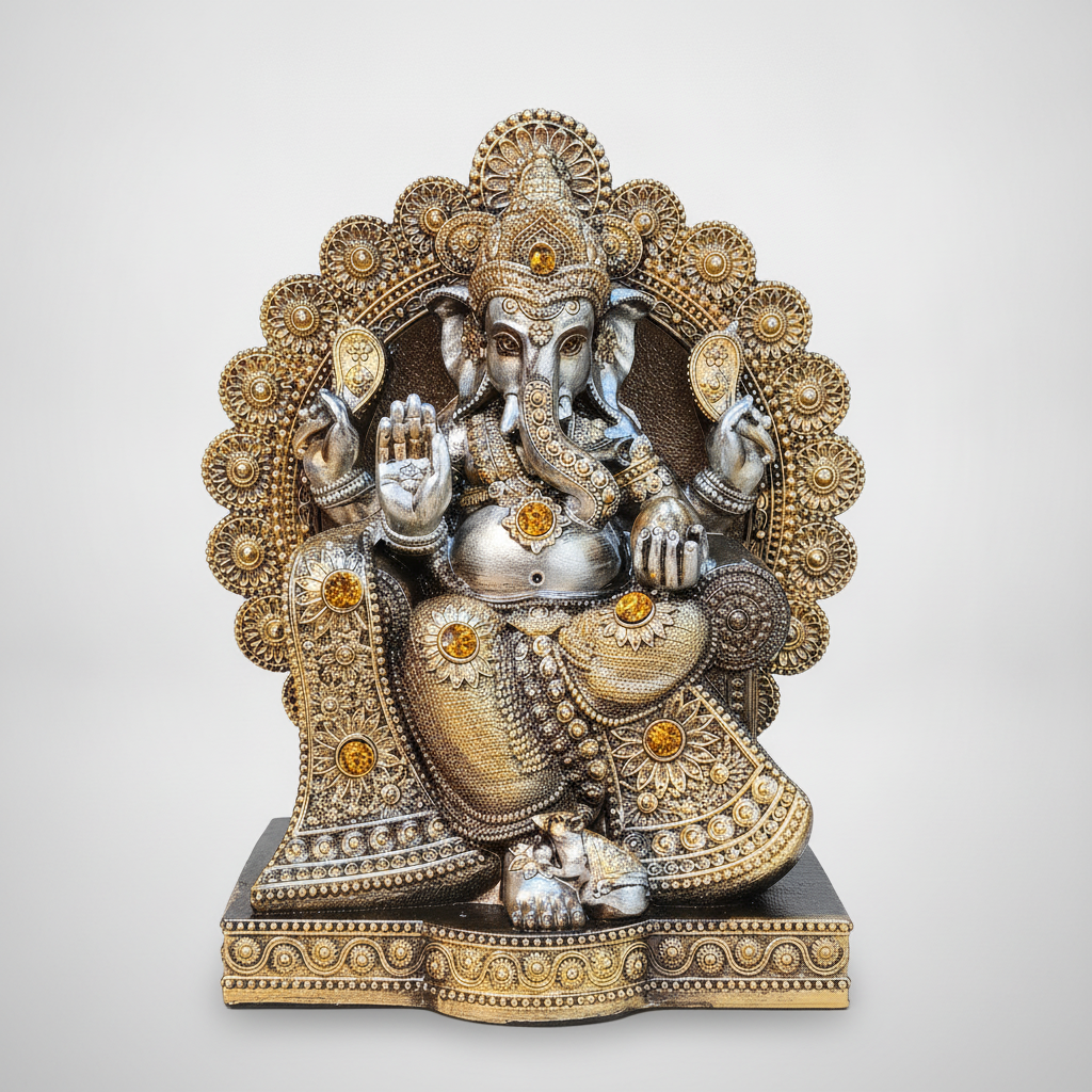 Lord Ganesha Idol Ornate Silver & Gold Resin Statue