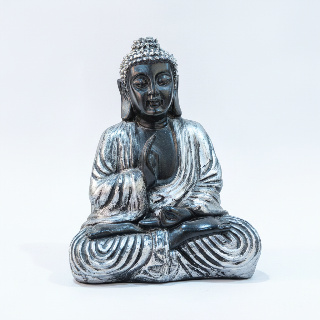Silver & Black Meditating Buddha Statue – 6.5" Poly Resin