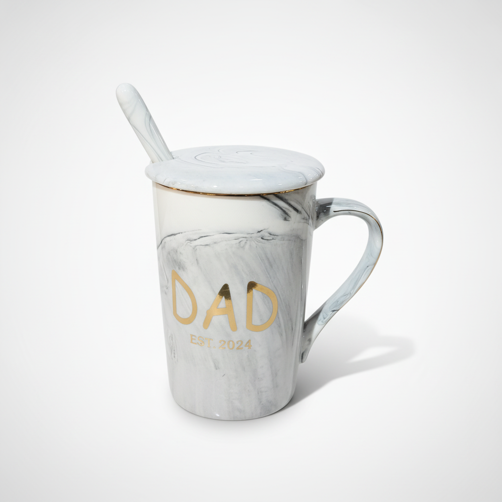 Dad Est. 2024 Marble Ceramic Mug with Lid & Spoon