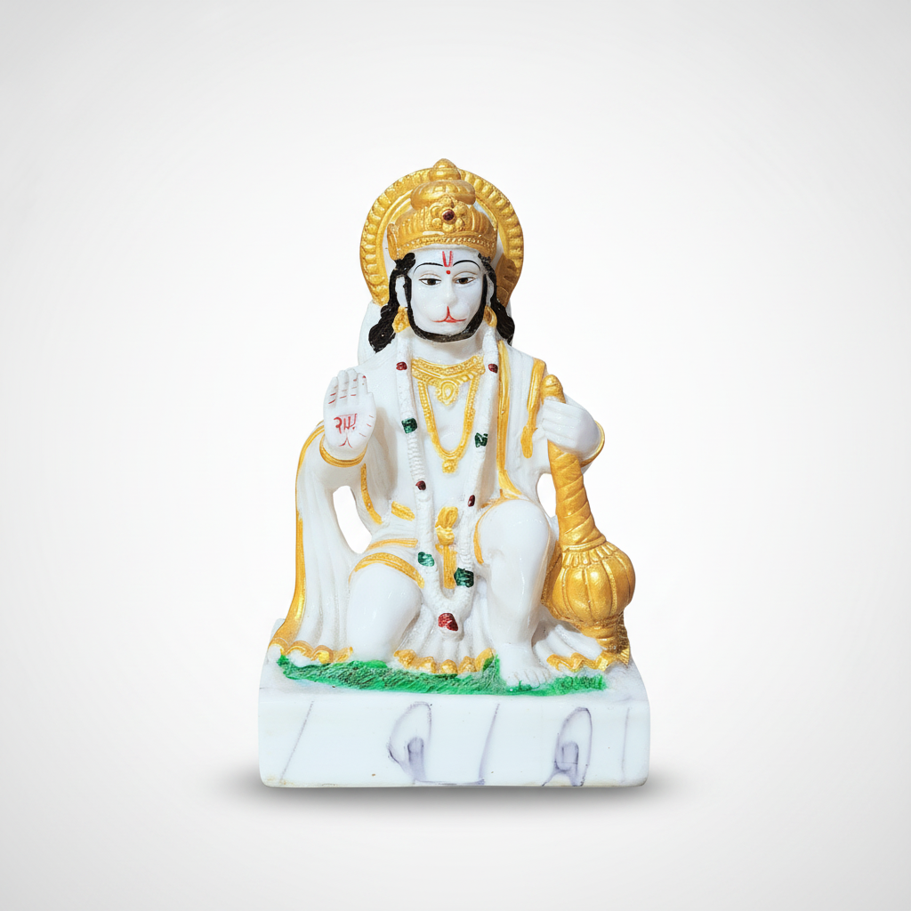 Lord Hanuman Marble Statue 7.2 Inch | White & Gold Murti