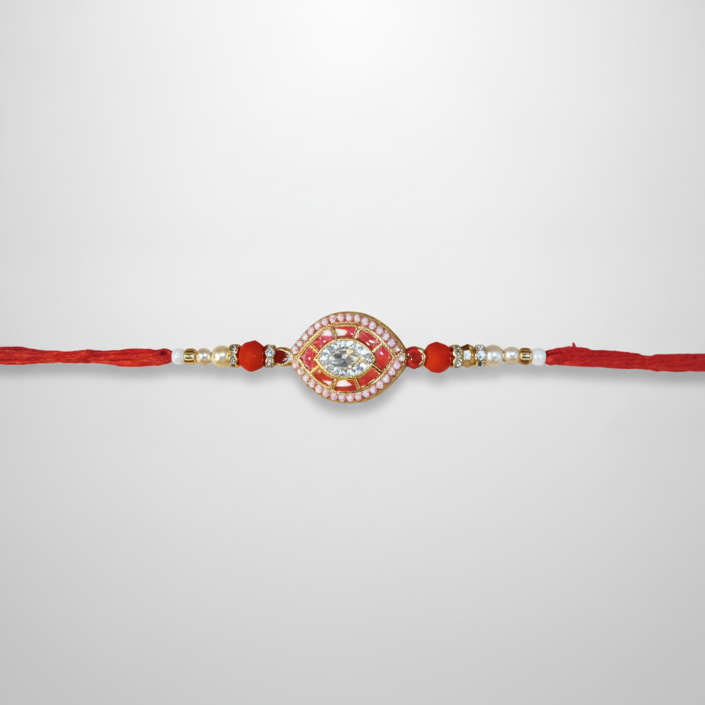 Elegant Red Rakhi with Crystal & Pearl Embellishments