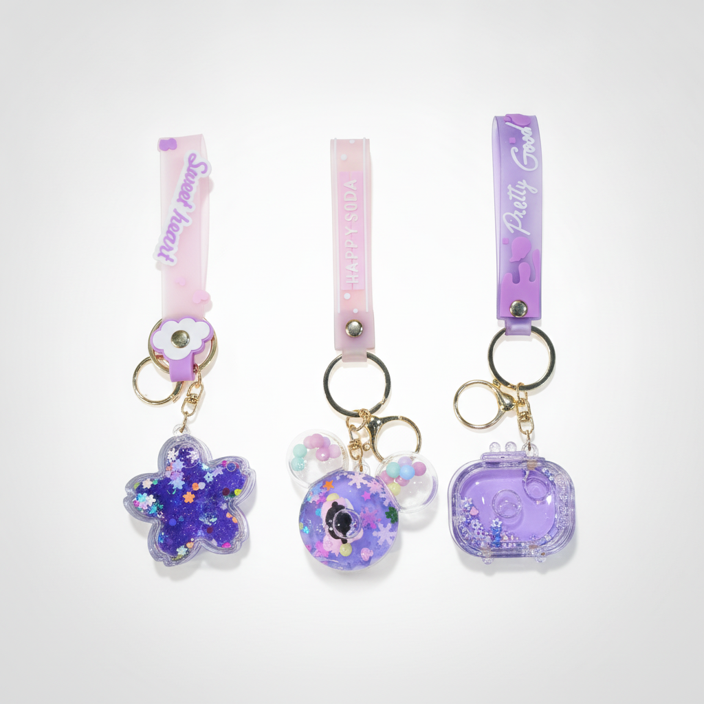 Cute Crystal Glitter Keychain with Wrist Strap – Purple Set