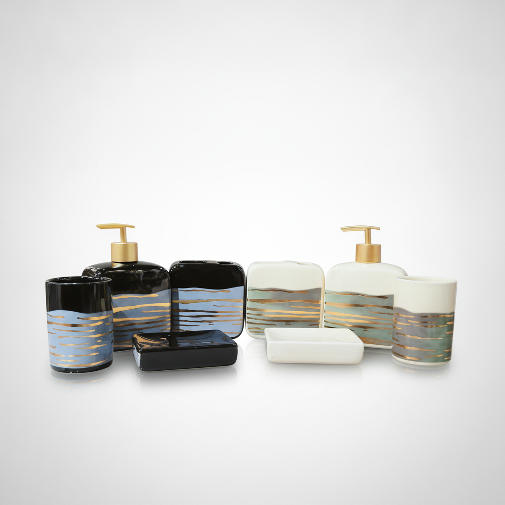 Luxury Ceramic Bathroom Accessory Set with Gold Stripe Detail