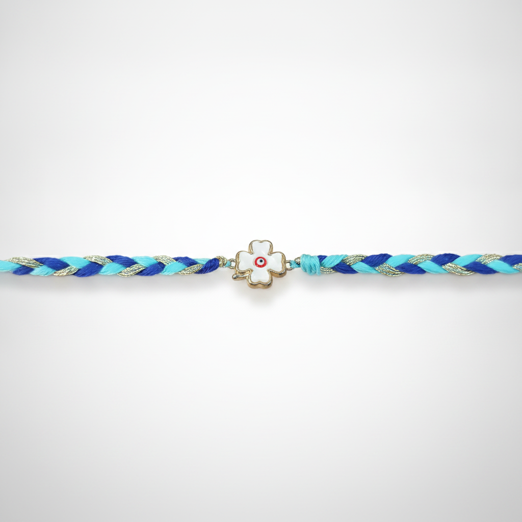 Braided Evil Eye Clover Rakhi Bracelet – Blue & Gold