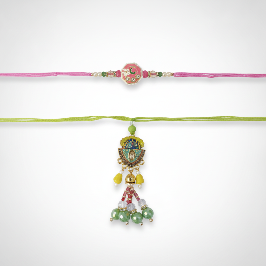 Bhaiya Bhabhi Rakhi Set – Meenakari & Beaded Duo
