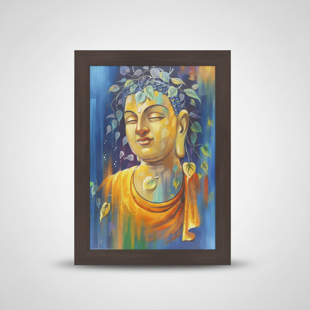 Golden Buddha Framed Canvas Wall Art with Bodhi Leaves