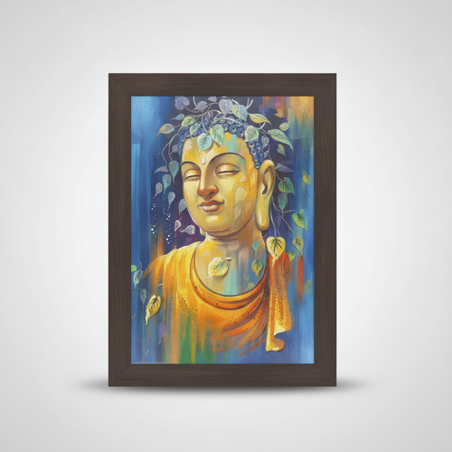 Golden Buddha Framed Canvas Wall Art with Bodhi Leaves