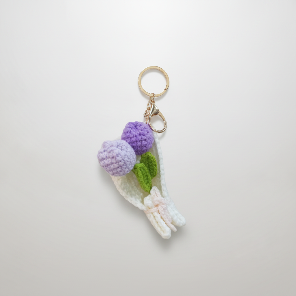 Handmade Crochet Flower Bouquet Keychain – Purple Blooms