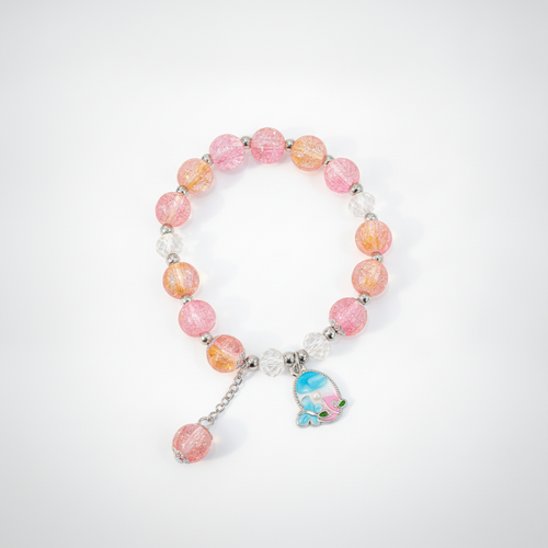 Pink & Gold Crackle Glass Bead Bracelet with Charm