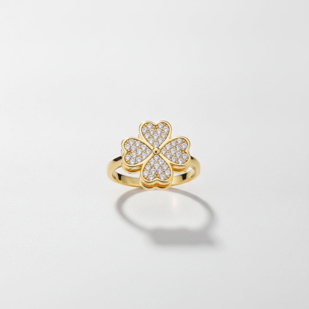 Gold Four-Leaf Clover Ring with Crystal Pavé